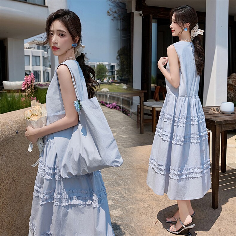 耳边圆领层次无袖女夏季新款减龄显瘦加包包背心裙中国2025，女装连衣裙，潮流依族