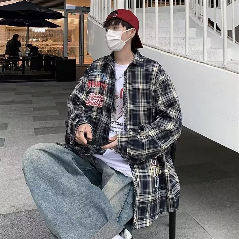 文艺长袖流行百搭潮圆领潮流新款格子日常标准衬衫男CS38-P43,男装衬衫,星座1109-3