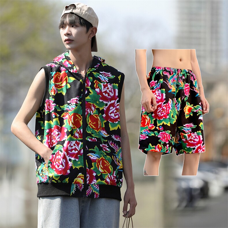 TZ002东北大花休闲连帽马甲坎肩背心男女团队服短裤运动套装汉服,男装牛仔裤,星座115A(原星座507）
