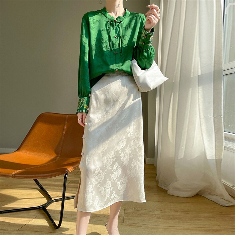 半身裙高腰A字裙中长款花色2024年夏季，女装半身裙，绒宛羊绒