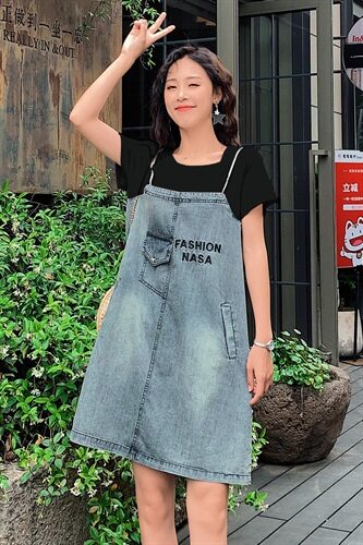 牛仔裙女2021夏新款韩版夏装假两件套卫衣连衣裙宽松显瘦小个子,女装连衣裙,瑶迪依秀
