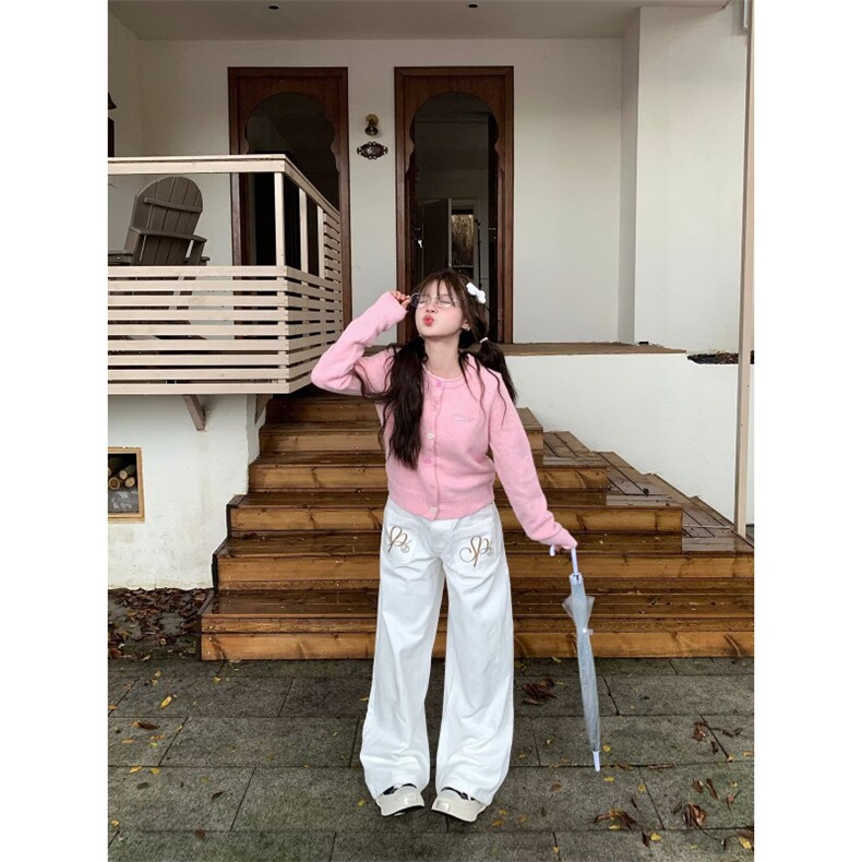 欧美街头潮牌反穿脏脏牛仔裤女高街风刺绣宽松显瘦直筒阔腿拖地裤,男装牛仔裤,四季星座505