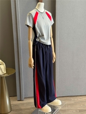 简约时尚休闲套装女夏季新款高级感圆领撞色拼接上衣阔腿裤两件套，女装套装/套裙，江南
