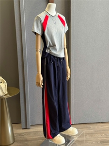 简约时尚休闲套装女夏季新款高级感圆领撞色拼接上衣阔腿裤两件套图片 简约时尚休闲套装女夏季新款高级感圆领撞色拼接上衣阔腿裤两件套图片