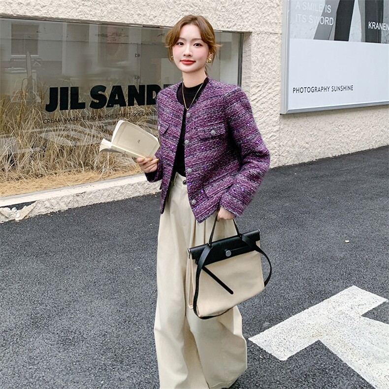 2025年冬季新款修身加厚毛呢羽绒服小香风外套女法式粗花呢上衣图片