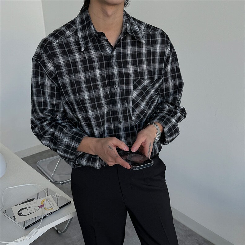 轻熟风男装格子衬衫男士春韩系穿搭长袖衬衣设计感宽松外套825P50,男装衬衫,星座710