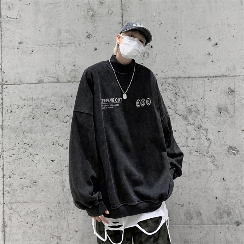 水洗做旧加绒加厚卫衣男23冬高领笑脸印花打底衫XZ514-2-X56-P78,男装T恤,星座514-2(原B239)