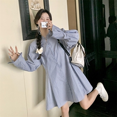 蓝白小个子条纹长袖衬衫连衣裙女2025春季新款韩系气质设计感裙子，女装连衣裙，灵力轩