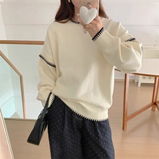 撞色圆领套头针织白色毛衣女宽松韩版秋冬设计感小众上衣，男装针织衫/毛衣，星座506A