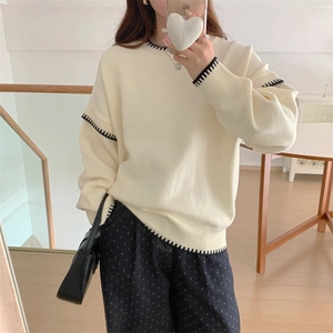 撞色圆领套头针织白色毛衣女宽松韩版秋冬设计感小众上衣图片