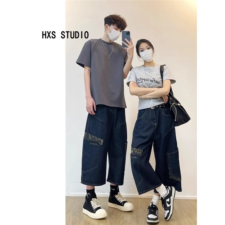 美式街头豹纹牛仔七分裤男女2025夏季宽松阔腿弯刀裤DA6130-P50,男装牛仔裤,星座208-5