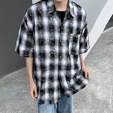 高品质夏款男短袖衬衫扎染条纹贴标宽松五分袖衬衣CS009P40，男装衬衫，星座1013-1