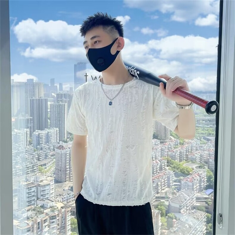 夏季破洞T恤男穿搭短袖体恤潮流帅气2023半截袖衣服半袖tT236,男装T恤,星座1116A-2（原606A-1）
