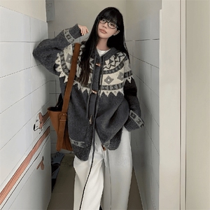 重磅秋冬北极绒开衫毛衣美式复古休闲慵懒风牛角扣针织衫连帽外套