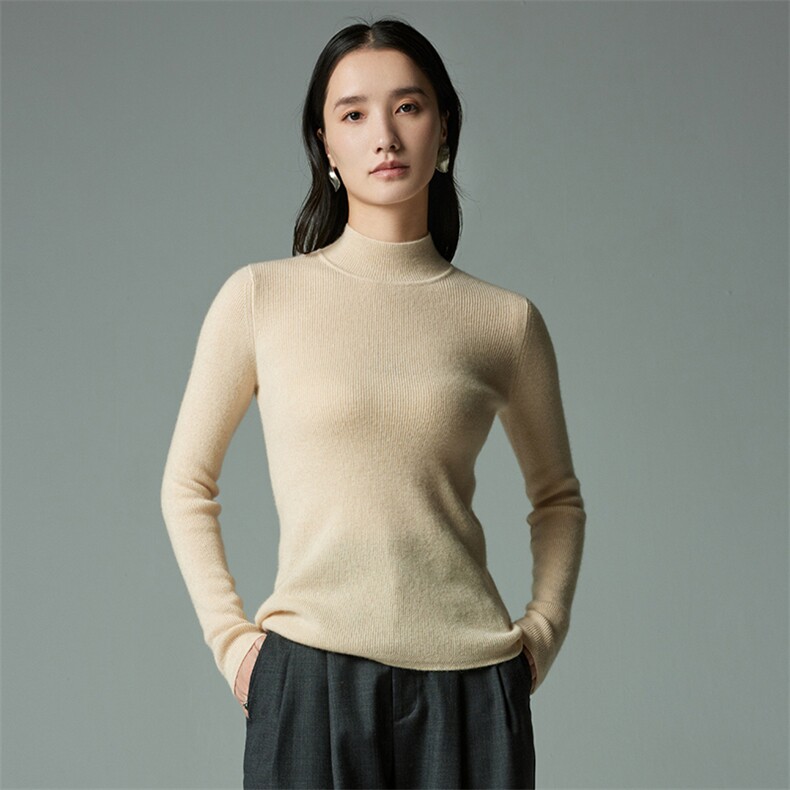 2025年秋季时尚百搭通勤简约休闲袖口下摆不规则加厚抽条半高，女装针织衫/毛衣，圣暖羊绒