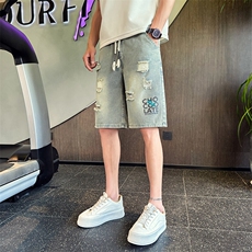2025新款夏季水洗牛仔短裤男士破洞印花休闲五分裤潮男901N20P38，男装牛仔裤，星座901