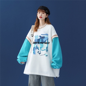 中性风秋季西海岸hiphop印花拼色螺纹假两件套头卫衣 B130P55控68图片