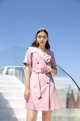 夏季新款双排扣翻领短袖连衣裙，女装连衣裙，忆思妤