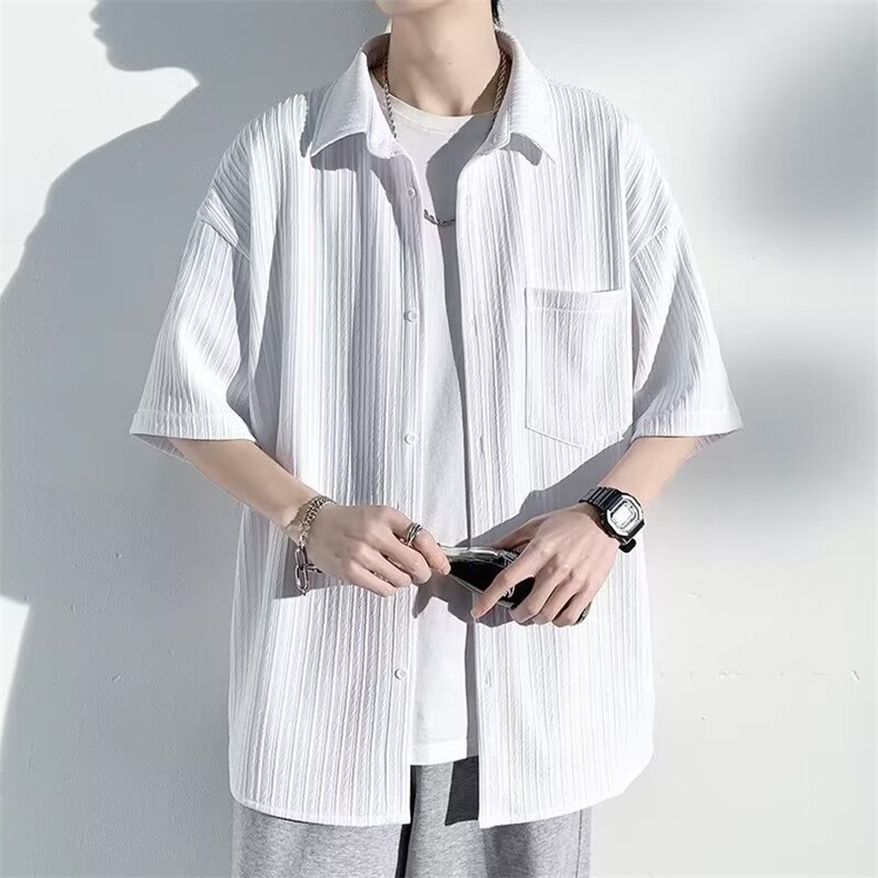 夏季条纹短袖衬衫男五分袖韩版潮港风日系宽松痞帅百搭潮流衬衣图片