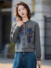 高级感花朵刺绣短款外套女2025秋季新款时尚减龄圆领卫衣开衫上衣，女装短外套，沁沁公主