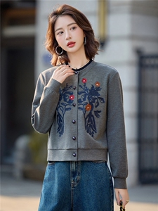高级感花朵刺绣短款外套女2025秋季新款时尚减龄圆领卫衣开衫上衣图片