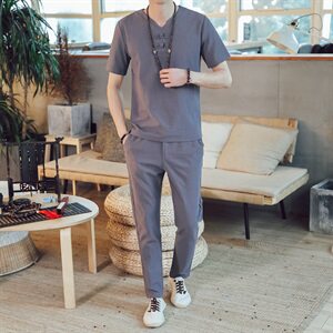 DY18*夏季爆款男士棉麻短袖T恤套装长裤两件套装男 灰蓝 *P50图片