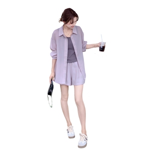 甜美浅紫色轻薄防晒衬衫短裤套装女夏2025新款小个子巨好看两件套图片