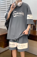 2024夏上新潮牙刷绣半袖套装撞色拼接短裤T恤男女6633-P60控价88，男装T恤，电商A441-1