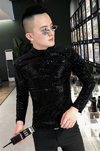 店主风T恤男长袖针织衫外穿网红半高领亮片打底衫A068-QS14-P45图片