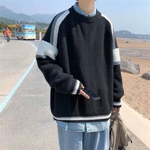港风秋冬条纹毛衣拼接韩版套头针织衫宽松毛衫打底外套MY7150图片