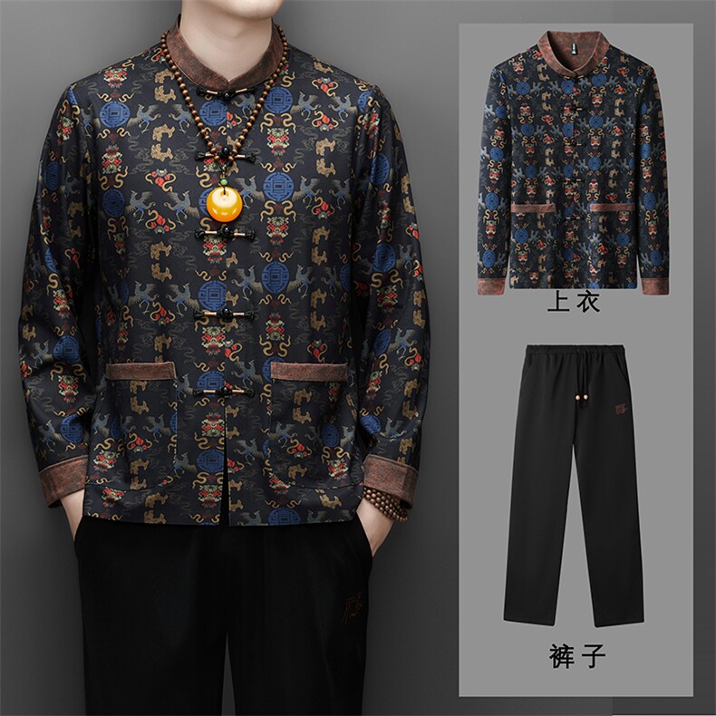 2025中年无痕羊绒混纺风唐装衬衫男风中老年爸爸套装，男装休闲套装，钱塘723