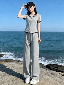 欧货时尚休闲运动套装女夏新款简约立领拼短袖上衣直筒长裤两件套图片