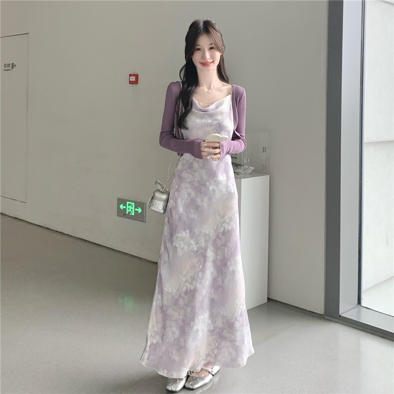绝美气质感穿搭碎花吊带连衣裙配针织开衫女春秋超火好看长裙套装,女装连衣裙,维壹