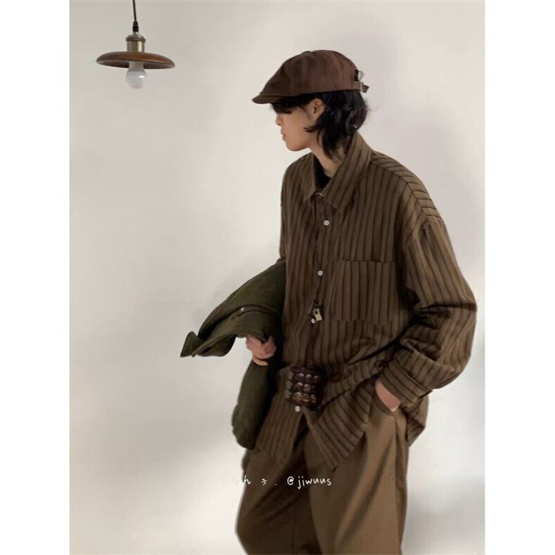 现货条纹长袖衬衫休闲港风大码宽松衬衣情侣外套C03-P38，男装衬衫，星座308B-1