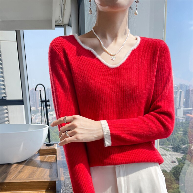 秋冬新款V领撞色100%纯羊毛衫长袖毛衣女抽条宽松羊绒针织打底衫,女装羊毛衫,宇灿羊绒