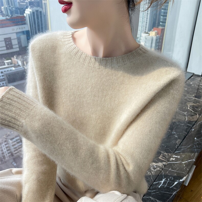 100%羊毛衫女无缝圆领软糯加厚纯色长袖毛衣宽松显瘦针织打底上衣,女装羊毛衫,美轩羊绒