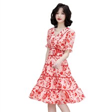 雪纺碎花连衣裙女2023夏仙女印花V领收腰不规则鱼尾裙连衣裙4881，女装连衣裙，韩蔻秀