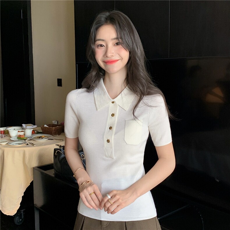 2025秋冬百搭polo领系扣半袖针织衫图片