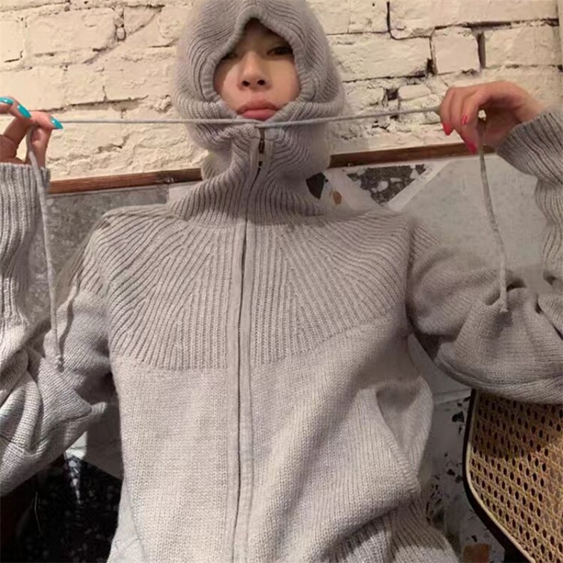 2025年秋季新款纯色帽抽绳开衫时尚百搭，女装针织衫/毛衣，旭驰羊绒