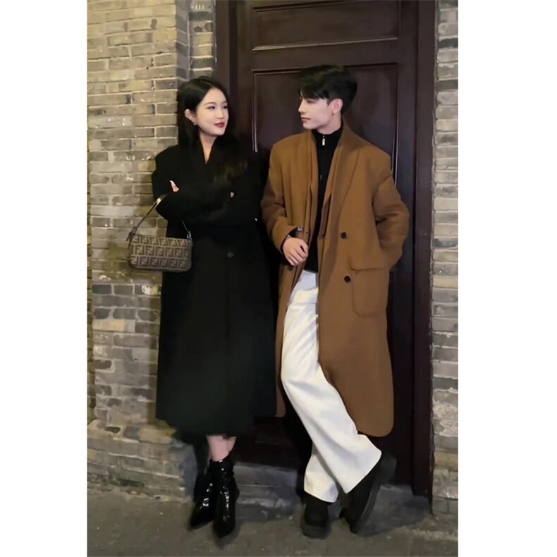 网图慎用~夏夏抖音秋冬假两件叠穿过膝毛呢大衣外套FY930/P165，男装毛呢大衣，电商B331