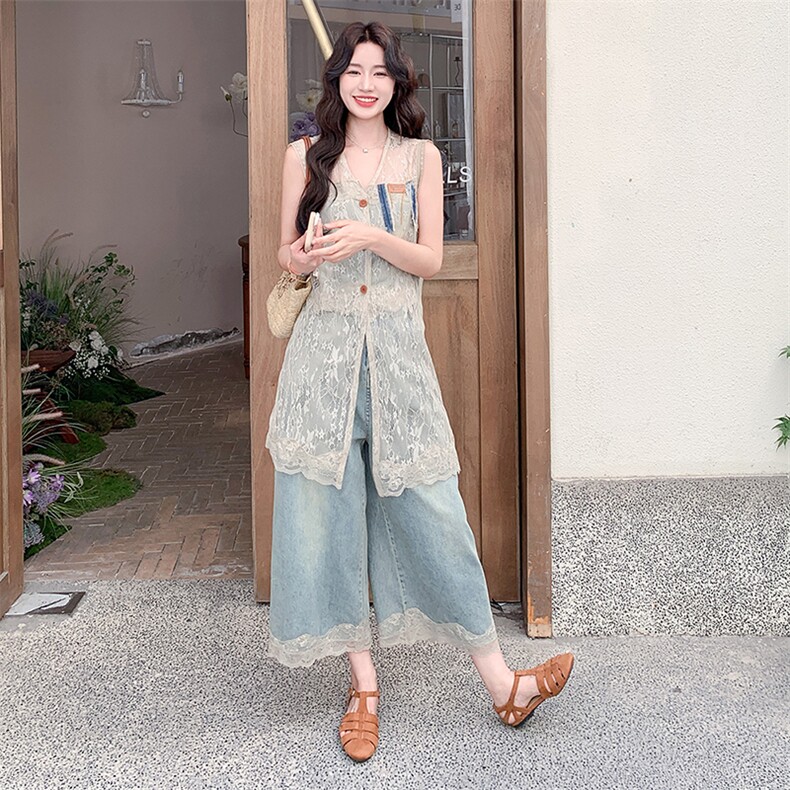 又a又飒蕾丝马甲七分牛仔阔腿裤套装女2025夏季新款小个子两件套,女装套装/套裙,浙宝305