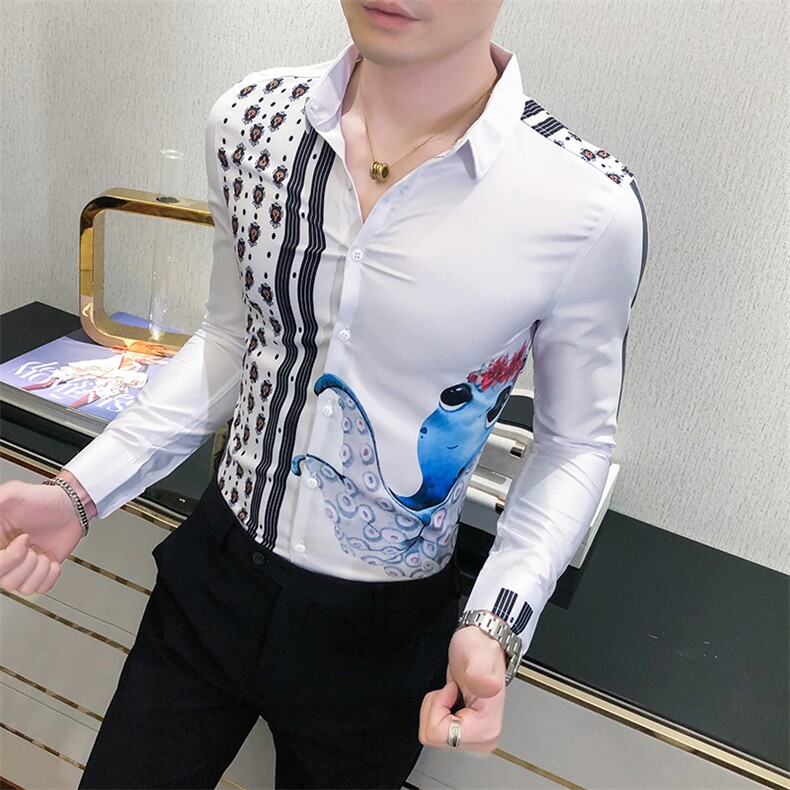 2021春秋男衬衫英伦长袖上衣印花男装韩版修身四季潮流衬衣H631-P55图片