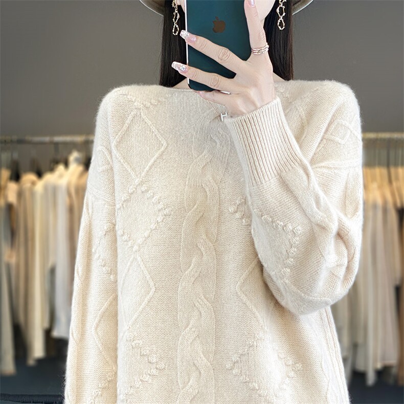 秋冬季羊毛休闲气质通勤三股加厚一字领绞花复古羊毛衫，女装羊毛衫，鸿陌羊绒