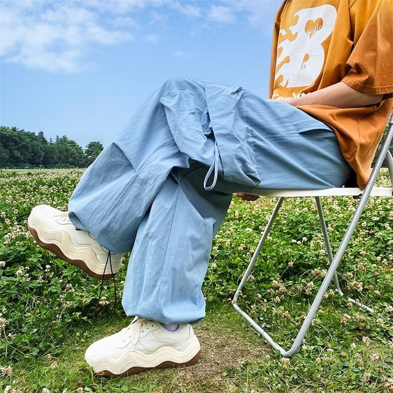美式复古蓝色男女夏季薄款运动工装口袋褶皱休闲裤子9分裤-MK275，男装休闲裤，星座601-2