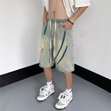 黄泥染破洞牛仔短裤男美式复古高街裤扎染工装五分中裤，男装牛仔裤，星座716-2