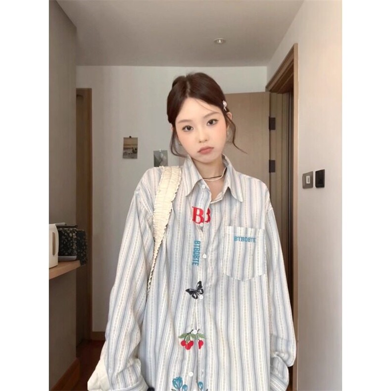 2025新款女刺绣长袖条纹衬衫白色,男装衬衫,星座506A