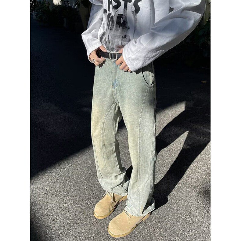 拼接复古牛仔裤男春夏季痞帅裤子高个子弯刀微喇裤潮N804,男装牛仔裤,星座1116A-1（原606A）
