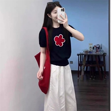 新款针织圆领短袖时尚休闲风单件，女装针织衫/毛衣，锦瑟羊绒