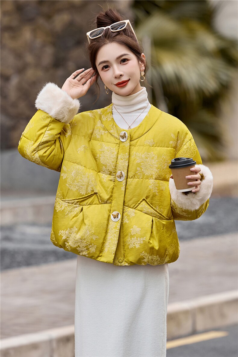 新中式90提花羽绒服2025年冬季新款高级感优雅气质白鸭外套,女装羽绒服,玖莱伊