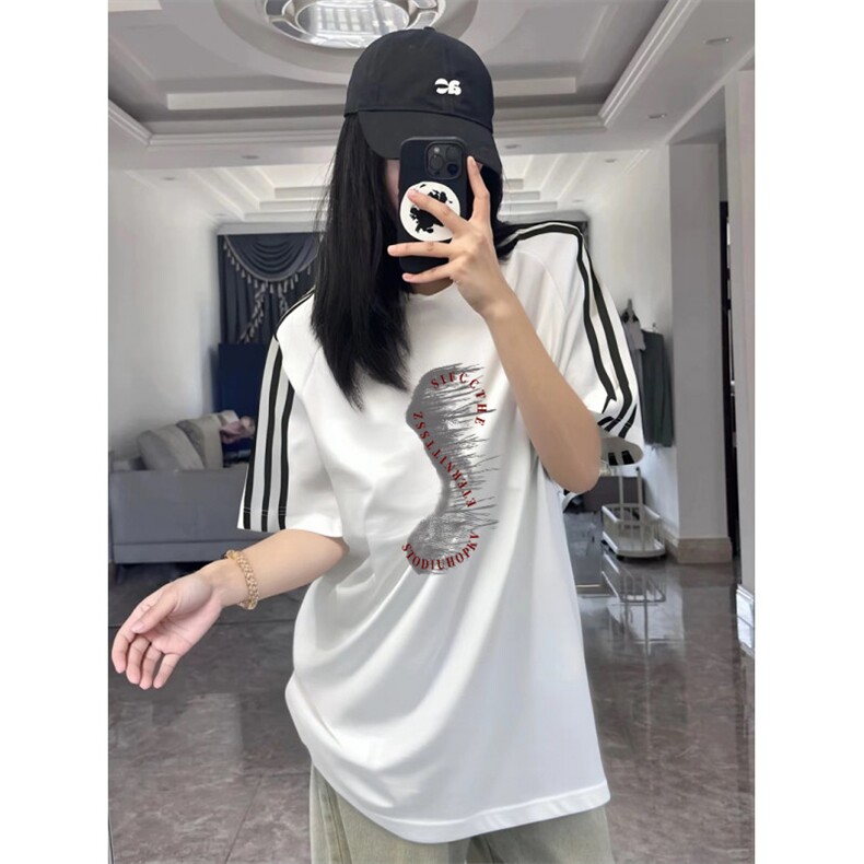 抖音得物高品质二开240克宽松纯棉美式潮牌三条杠织带短袖T恤,男装T恤,电商A486-1